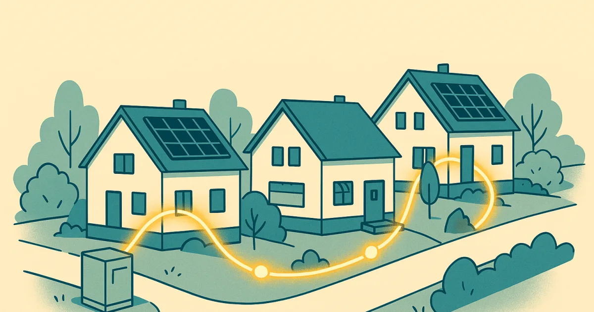 Illustration: vier Nachbarhäuser am selben Trafo, zwei mit PV-Anlage, verbunden durch eine leuchtende Stromleitung