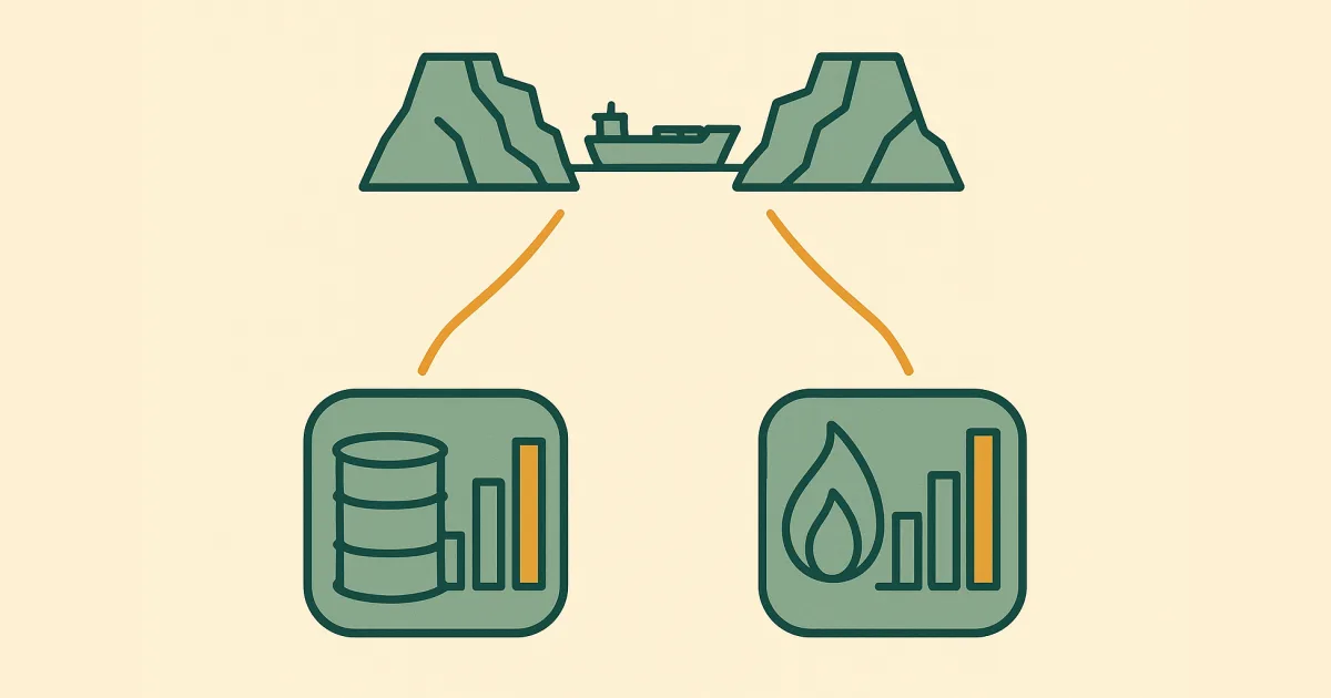 Illustration: ein Tanker in einer engen Meerenge, von dort führen zwei Linien zu Ölfass und Gasflamme mit steigenden Balken