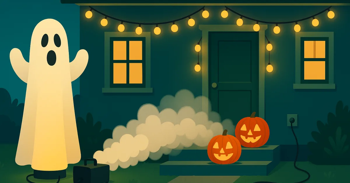 Halloween-Deko mit LED-Lichterkette, aufblasbarer Figur und Nebelmaschine