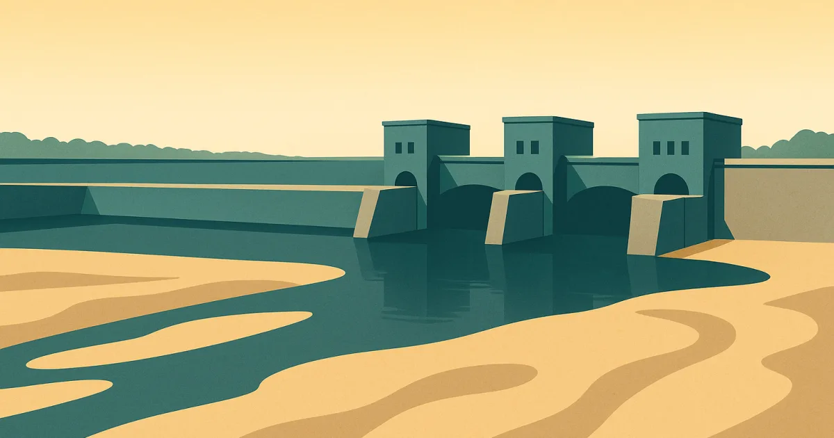 Donaukraftwerk bei Niedrigwasser mit freiliegenden Kiesbänken, Sinnbild für die gebremste Wasserkraft in der Hitze 2026