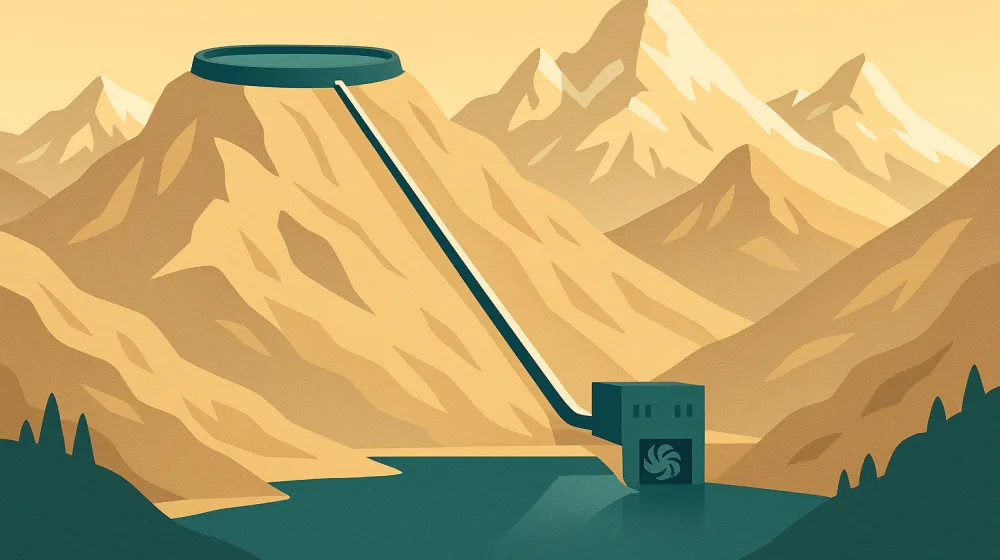 Schema eines alpinen Pumpspeicherkraftwerks mit oberem Speichersee, Druckrohr, Turbinenhaus und unterem Becken