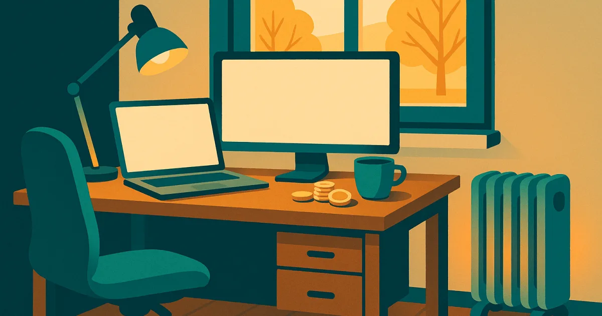 Illustration eines Homeoffice-Arbeitsplatzes mit Laptop, Monitor und einem kleinen elektrischen Heizkörper, der die zusätzlichen Stromkosten im Winter symbolisiert