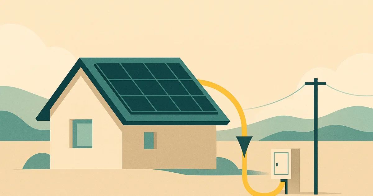 Illustration: Dachanlage mit petrolfarbenen PV-Modulen, deren gelber Energiestrom sich auf dem Weg zum Netzkasten verengt