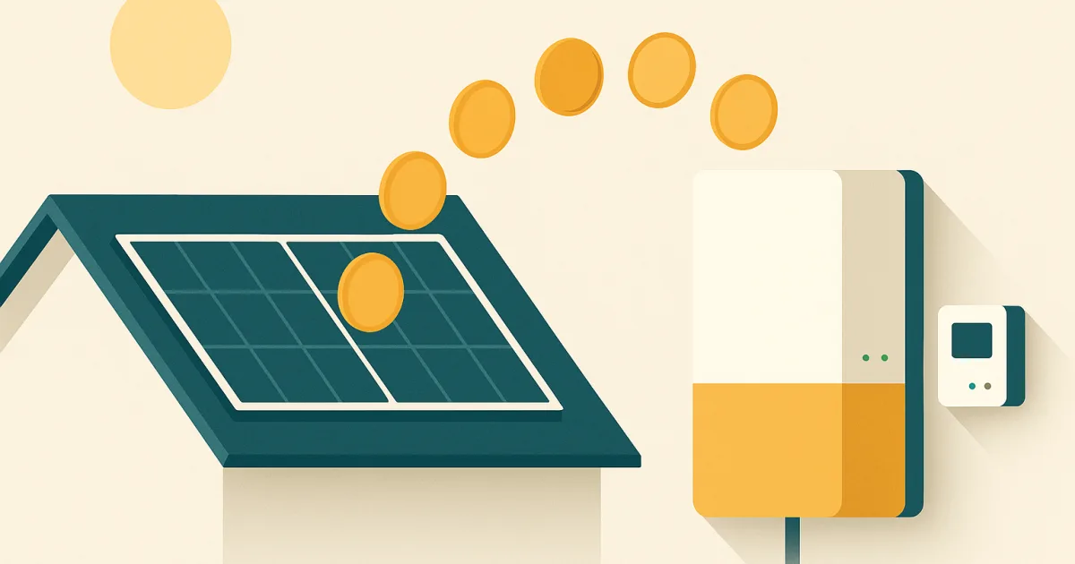 Illustration: Münzen wandern von einem Hausdach mit Photovoltaik-Modulen zu einem Wandspeicher mit Steuereinheit.