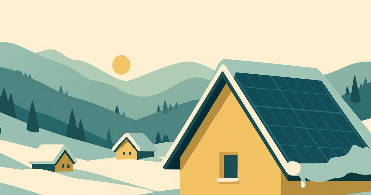 Illustration: verschneites Alpenvorland, tief stehende Wintersonne, ein Hausdach mit schneefreien PV-Modulen.