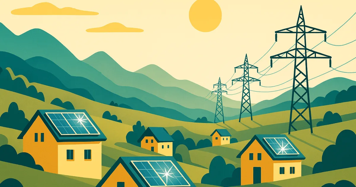 Illustration: sonnige Voralpenlandschaft mit Photovoltaik-Dächern und Stromleitungen, die Strom ins Ausland führen