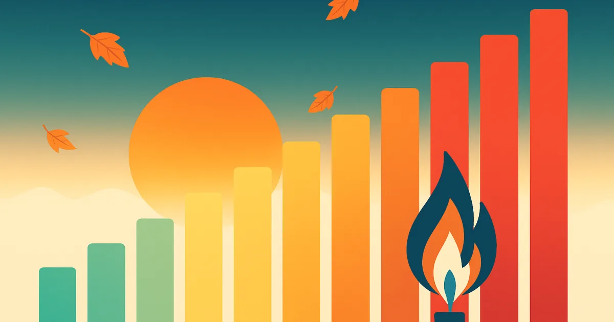 Illustration steigender Strompreis-Balken von grün zu rot vor tiefstehender Herbstsonne, mit Gasflamme als Preistreiber