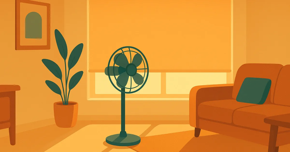 Abgedunkelte, kühle Wohnung an einem heißen Sommertag mit Außenrollo und Ventilator