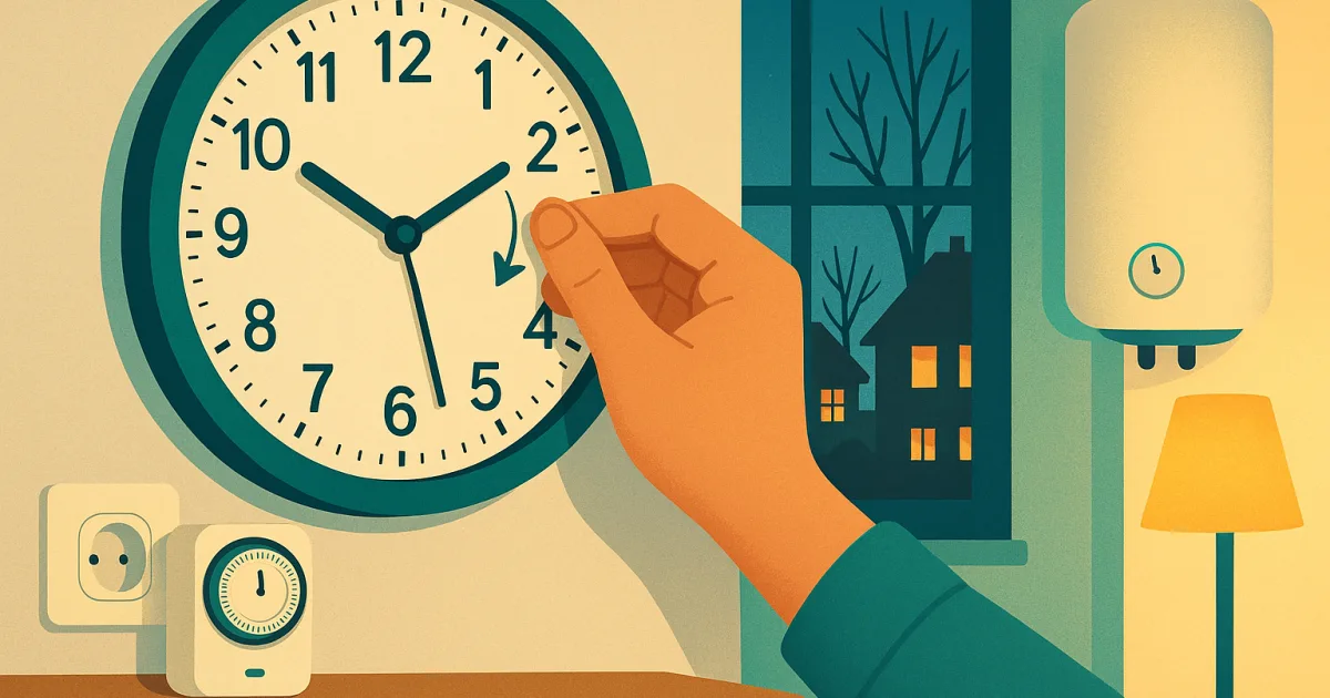 Hand stellt eine Wanduhr zurück, daneben Zeitschaltuhr, Boiler und Stehlampe in der Abenddämmerung